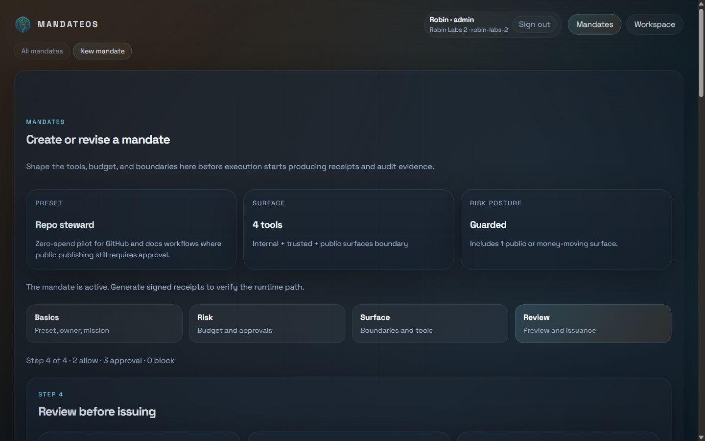 MandateOS mandate composer with Basics, Risk, Surface, and Review tabs active on the Review step.